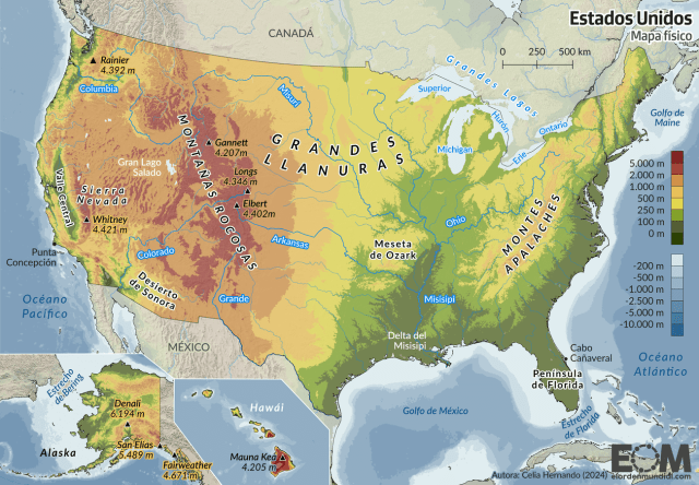 El mapa físico de Estados Unidos