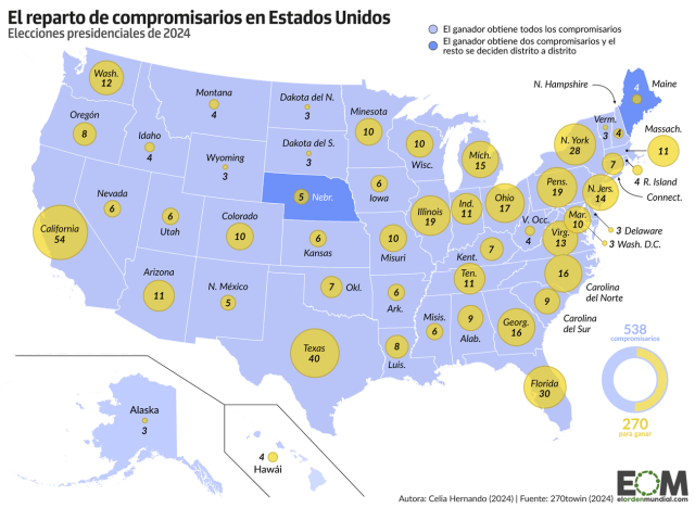 El mapa de los compromisarios para las elecciones de 2024 en Estados Unidos