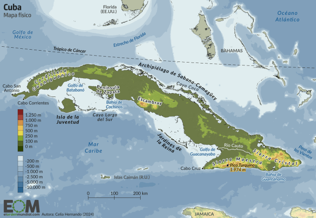 El mapa físico de Cuba
