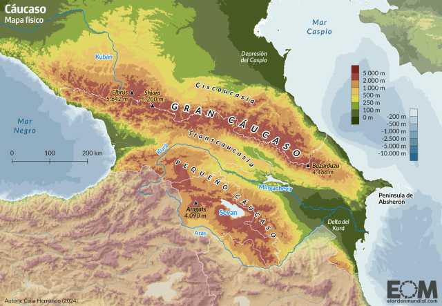 El mapa físico del Cáucaso