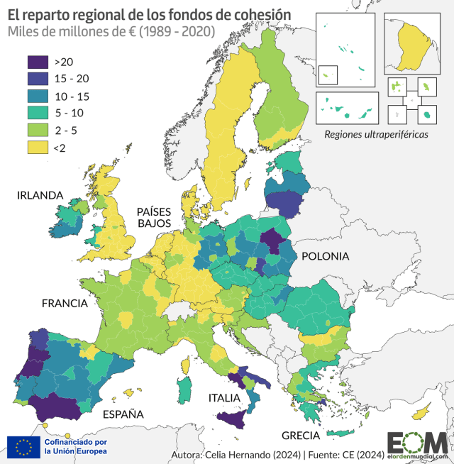 El mapa de las regiones que más fondos de cohesión reciben de la Unión Europea