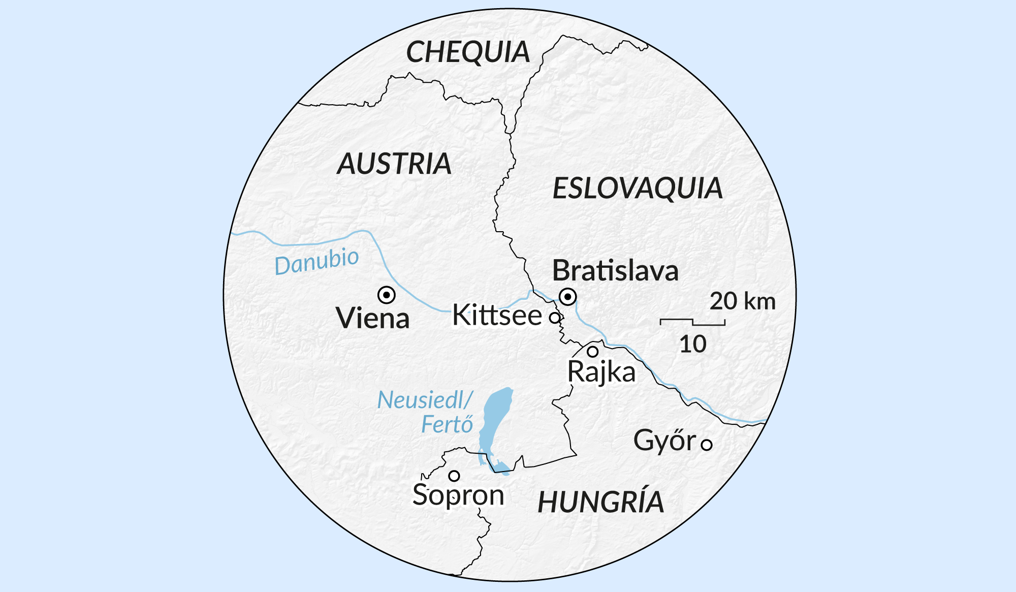 Mapa de la frontera entre Austria, Hungría y Eslovaquia