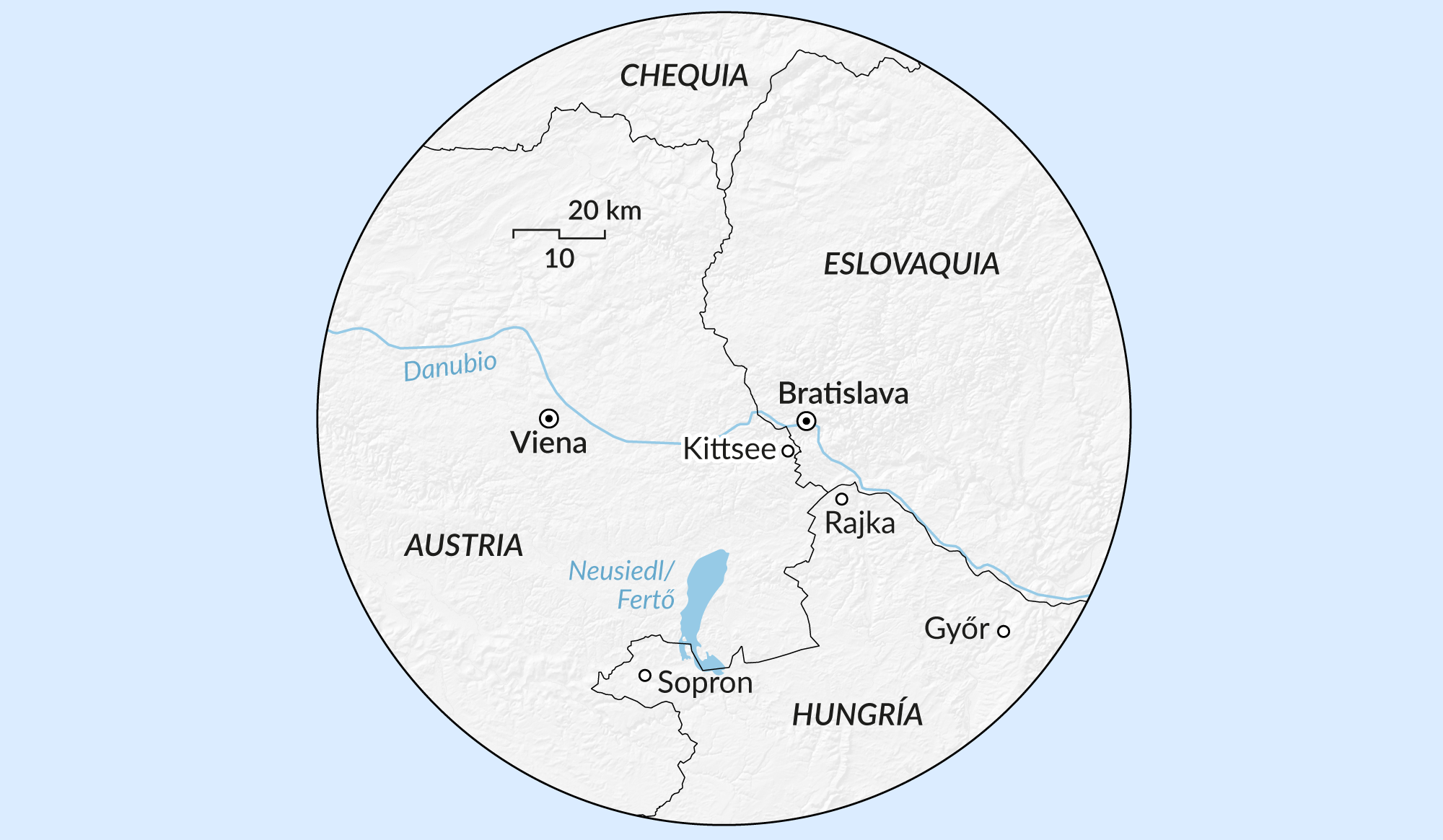 Mapa de la frontera entre Austria, Hungría y Eslovaquia