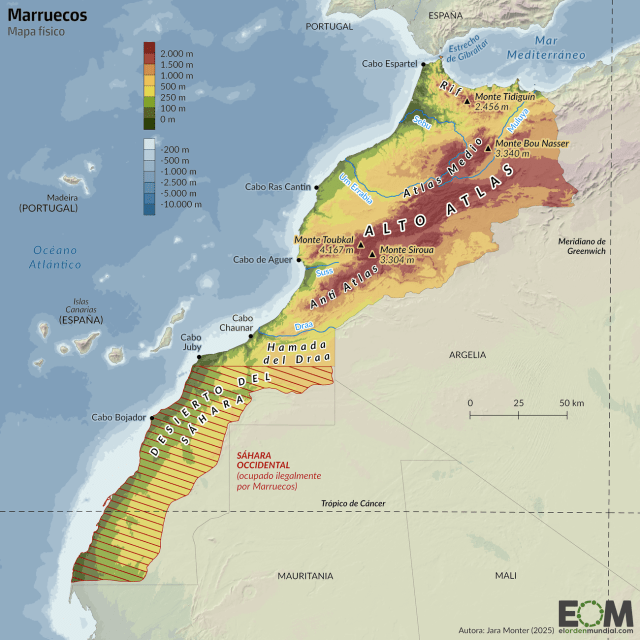 El mapa físico de Marruecos