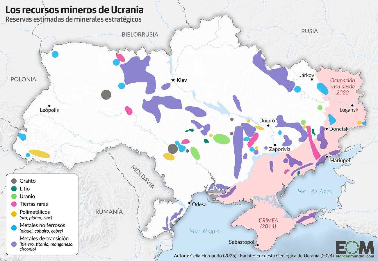 Mapa de los recursos minerales estratégicos de Ucrania que quiere Trump