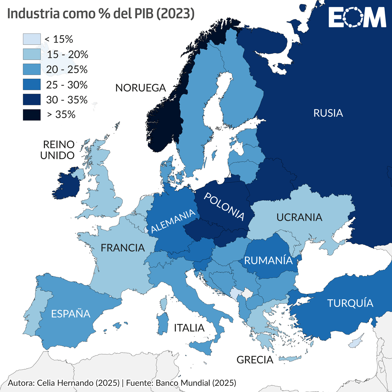 Mapa del peso de la industria en Europa móvil