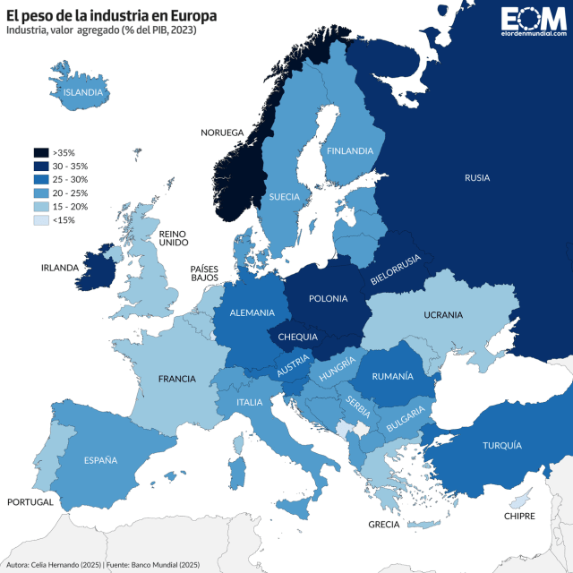 El mapa del peso de la industria en Europa