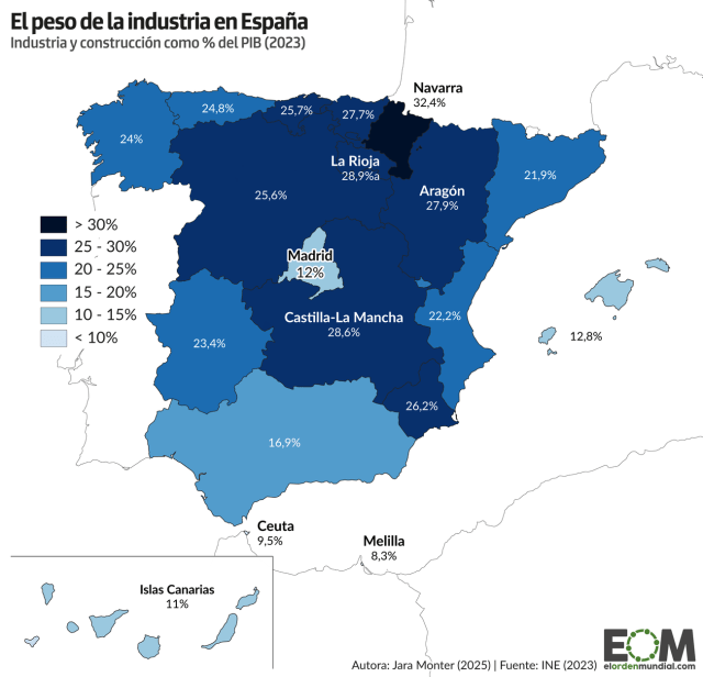 El mapa del peso de la industria en España