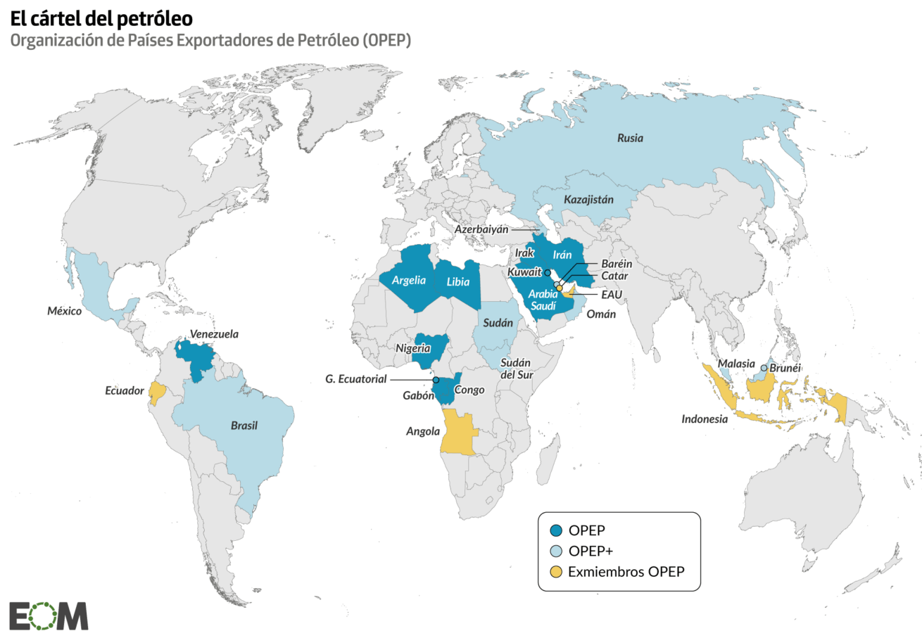 El mapa de la Organización de Países Exportadores de Petróleo (OPEP)