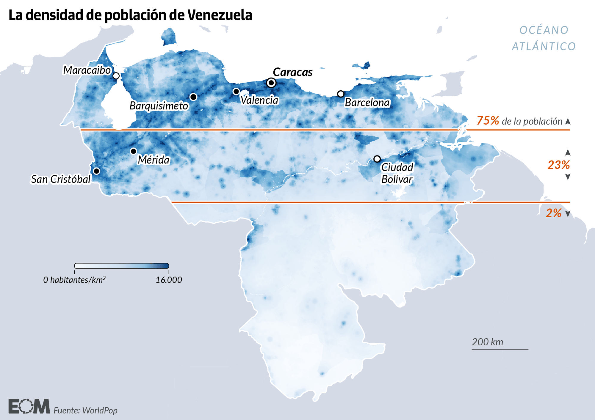 El mapa de la densidad de población de Venezuela