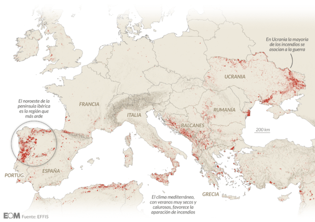 Cinco mapas y gráficos para entender los incendios en España, el país de Europa que más arde