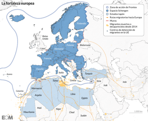 El mapa de la fortaleza fronteriza de la Unión Europea
