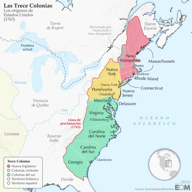 El mapa de las Trece Colonias, el germen de la fundación de Estados Unidos