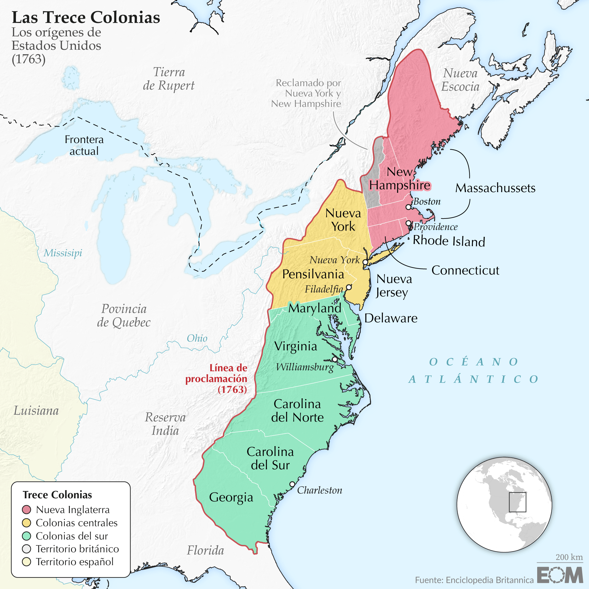 El mapa de las Trece Colonias